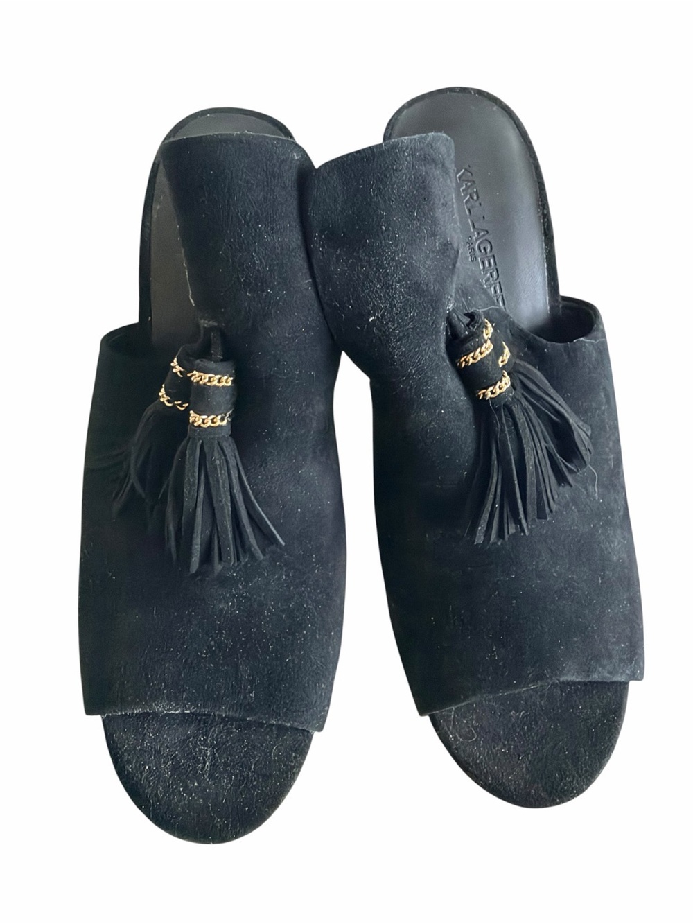 Karl Lagerfeld Black Suede Tassel Mules - Picture 3 of 5